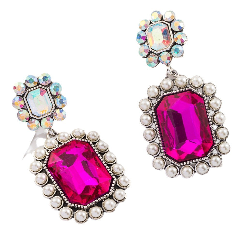 Wholesale Colored diamond exaggerated Bohemian inlaid pearl turquoise earrings